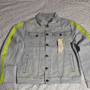 KDNK , Light Gray Denim Jacket with Neon Yellow Accents